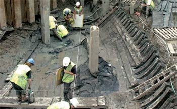 The Fifteenth-century Newport ship during excavation in 2002. ©Glamorgan-Gwent Archaeological Trust
